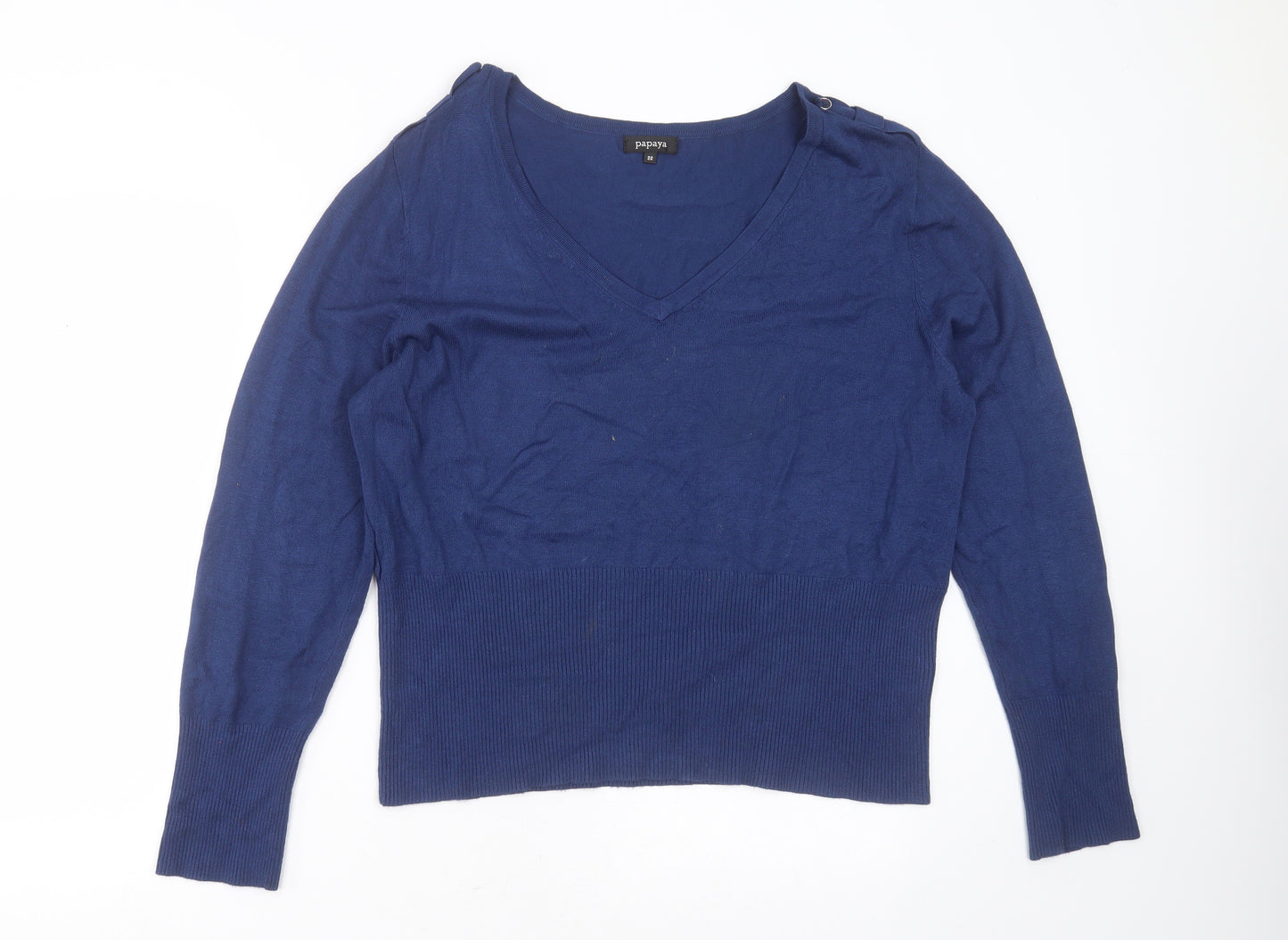 Papaya Womens Blue V-Neck  Viscose Pullover Jumper Size 22