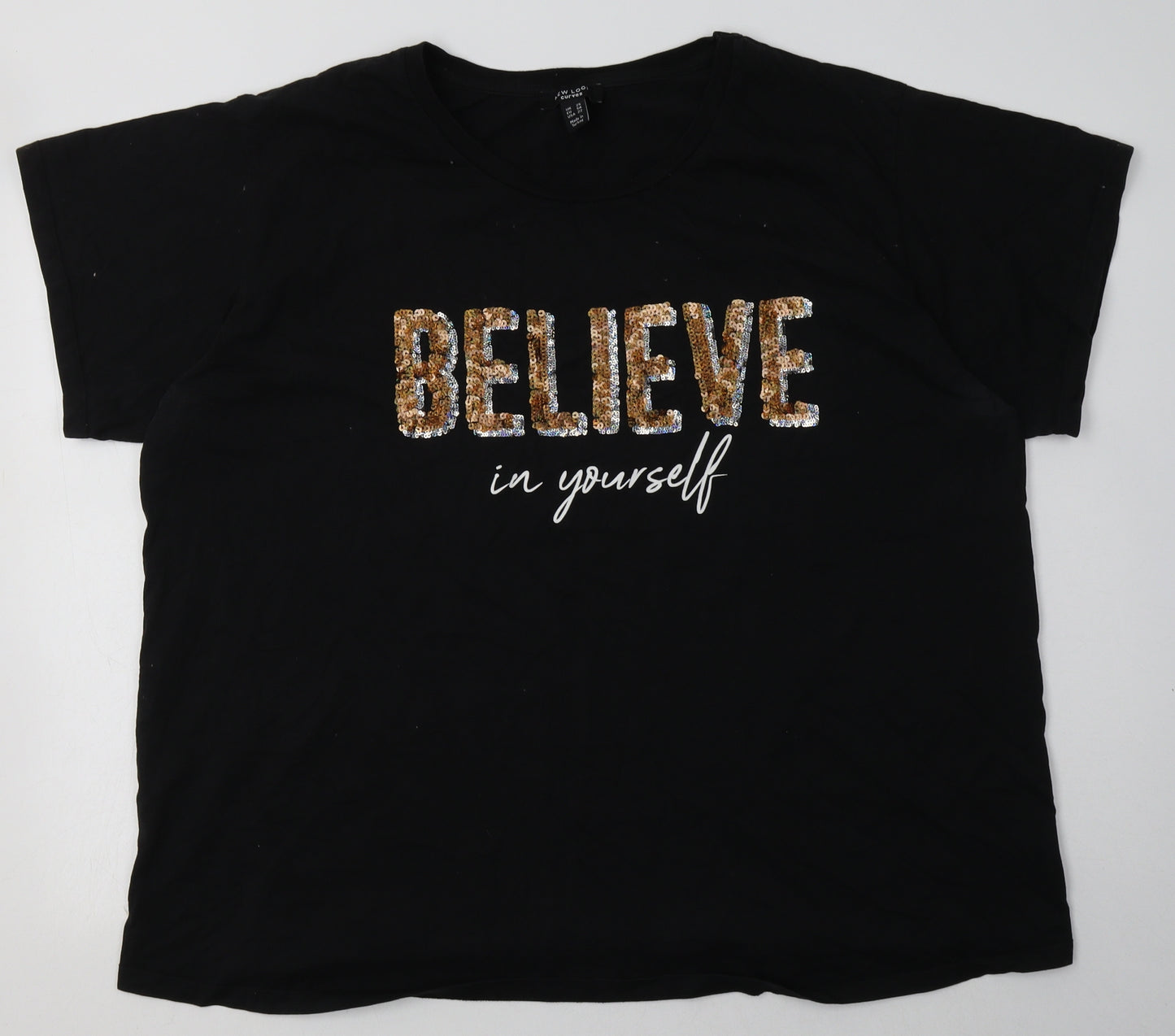New Look Womens Black  Cotton Basic T-Shirt Size 26 Crew Neck - believe in yourself sequin detail