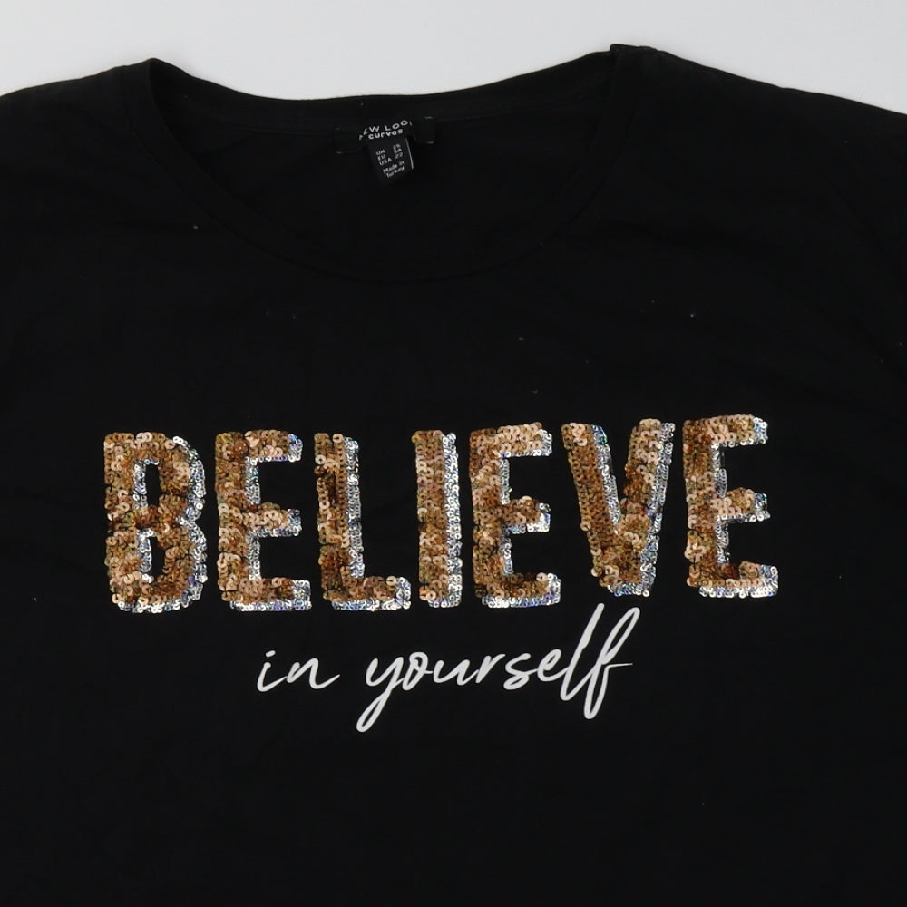 New Look Womens Black  Cotton Basic T-Shirt Size 26 Crew Neck - believe in yourself sequin detail