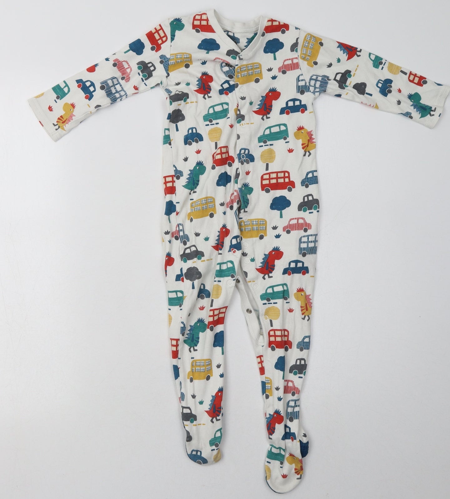 Marks and Spencer Boys White Geometric Cotton Babygrow One-Piece Size 18-24 Months  Buckle - Car Print