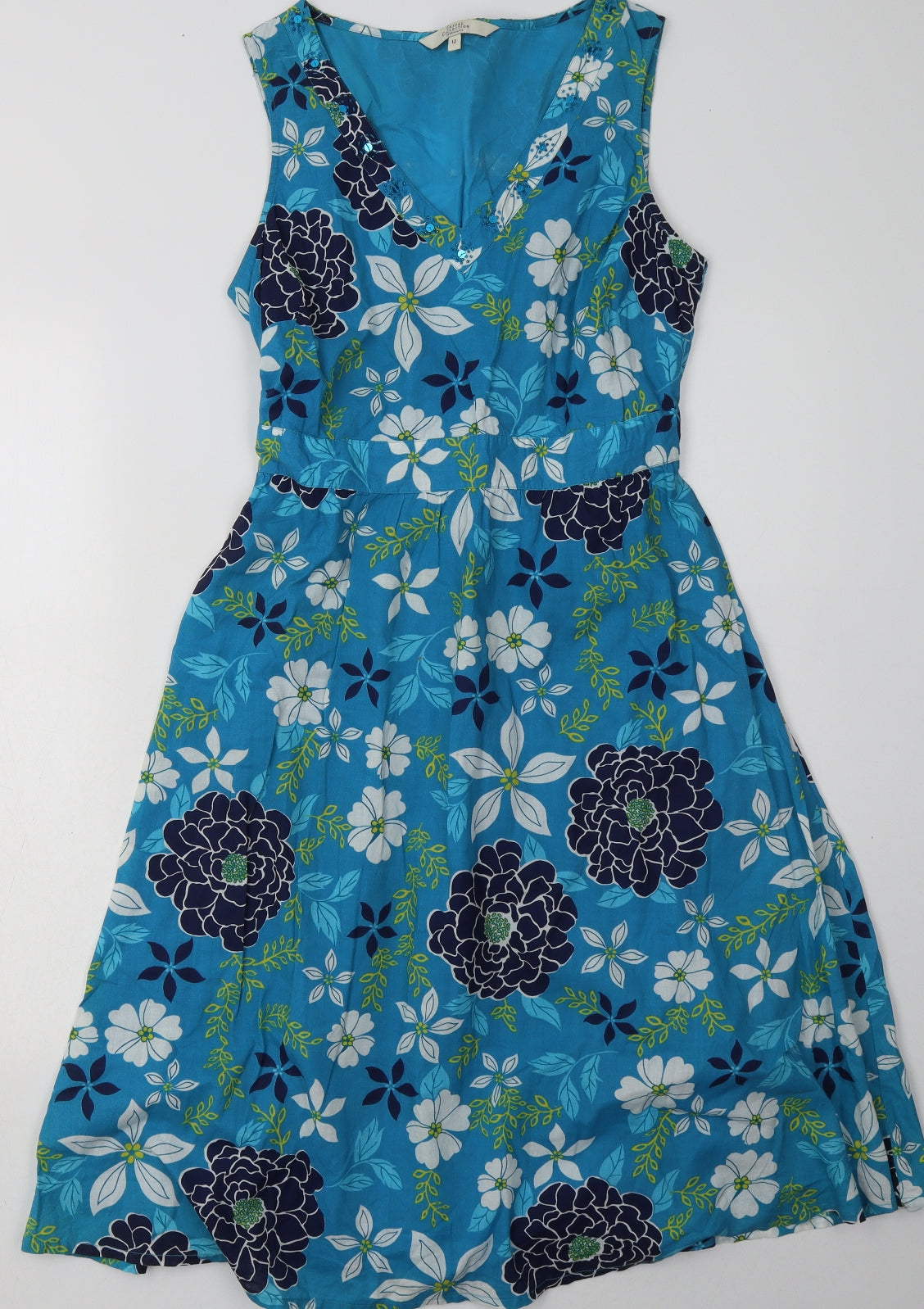 Debenhams Womens Blue Floral Cotton A-Line  Size 12  V-Neck Pullover