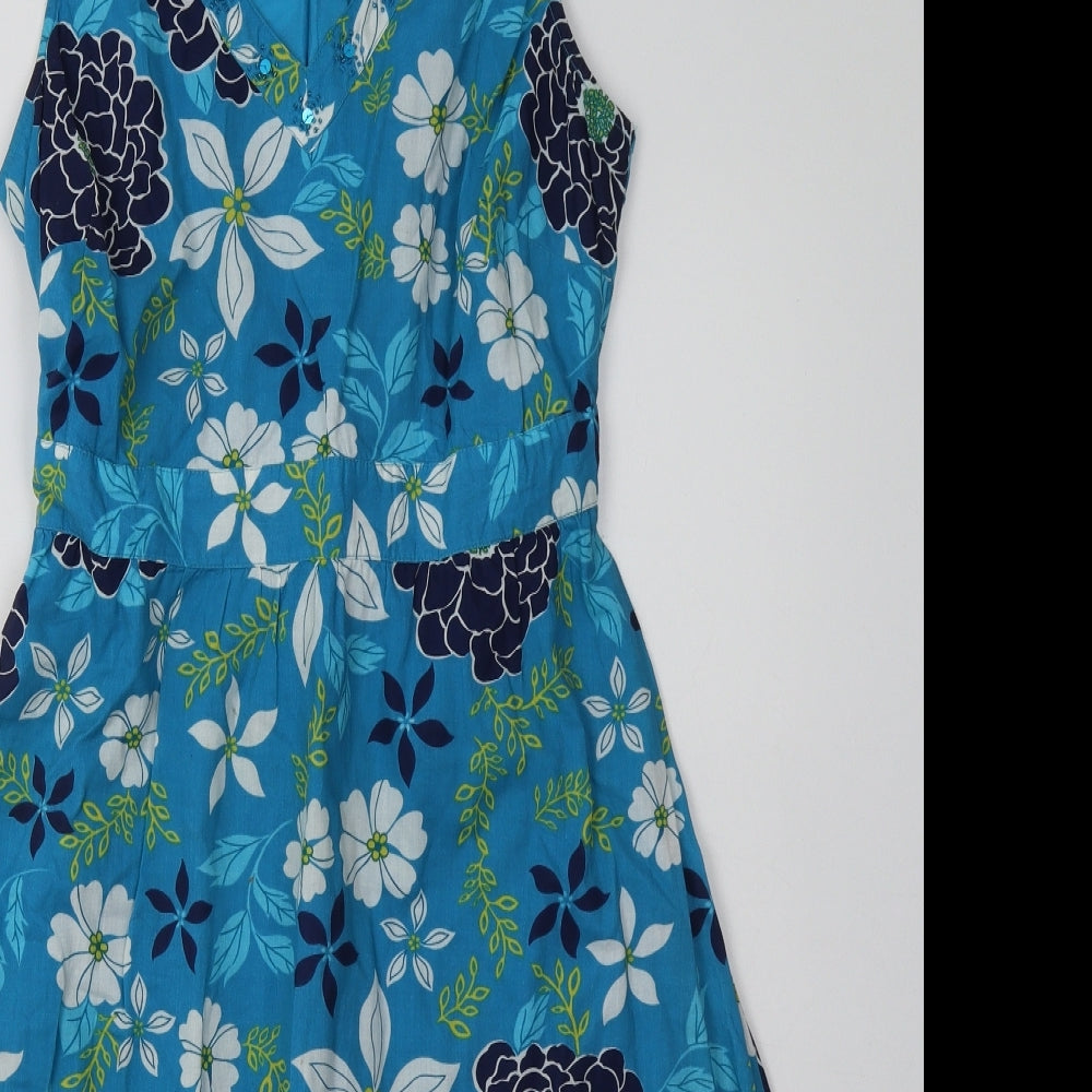 Debenhams Womens Blue Floral Cotton A-Line  Size 12  V-Neck Pullover