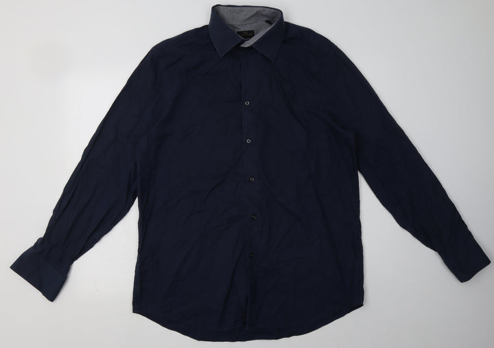 George Mens Blue Cotton Button-Up Size 17 Collared Button