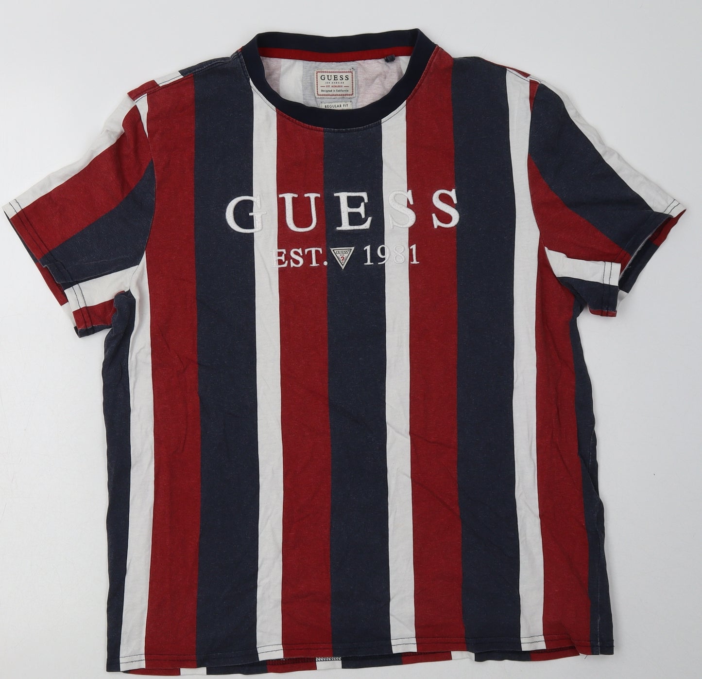 GUESS Mens Multicoloured Striped Cotton  T-Shirt Size L Crew Neck