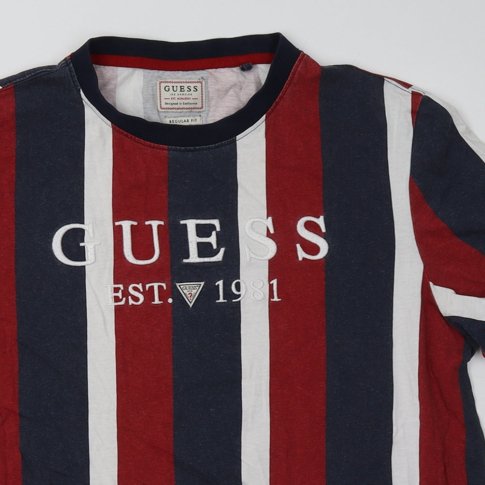 GUESS Mens Multicoloured Striped Cotton  T-Shirt Size L Crew Neck
