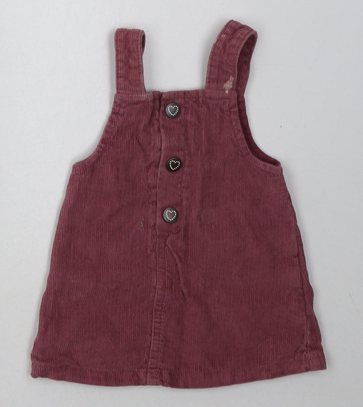 F&F Girls Purple  Cotton Pinafore/Dungaree Dress  Size 3-6 Months  Square Neck Buckle
