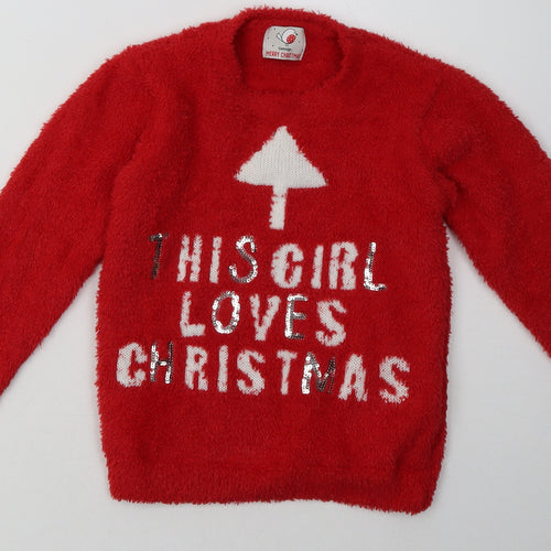 George Girls Red  Polyester Pullover Sweatshirt Size 8-9 Years  Pullover - this girl loves christmas