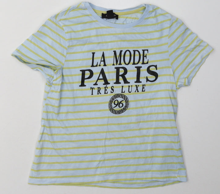 New Look Womens Blue Striped Cotton Basic T-Shirt Size 6 Crew Neck - Paris