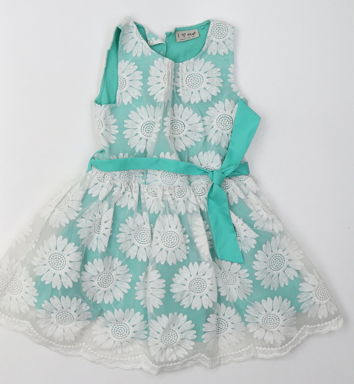 NEXT Girls Green Floral Cotton A-Line  Size 6 Years  Crew Neck Button