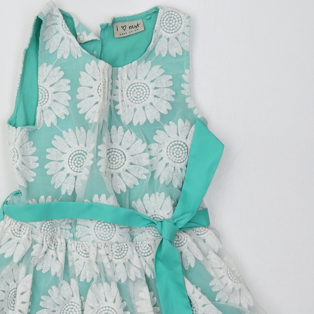 NEXT Girls Green Floral Cotton A-Line  Size 6 Years  Crew Neck Button