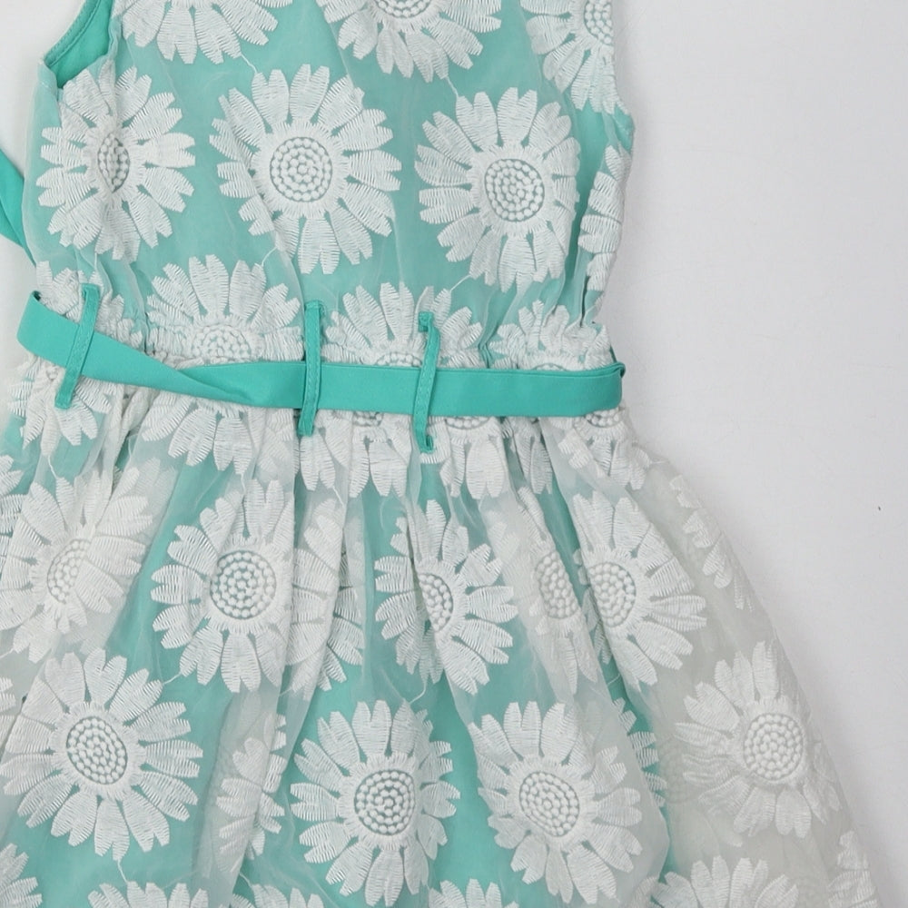 NEXT Girls Green Floral Cotton A-Line  Size 6 Years  Crew Neck Button