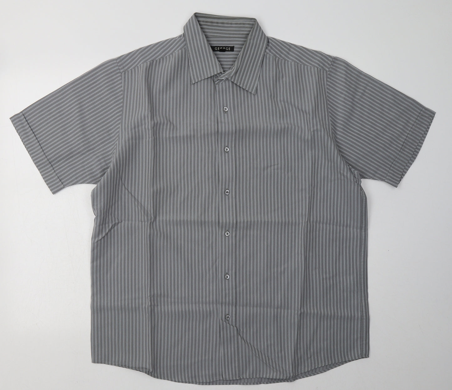 George Mens Grey Striped Polyester  Button-Up Size L Collared Button