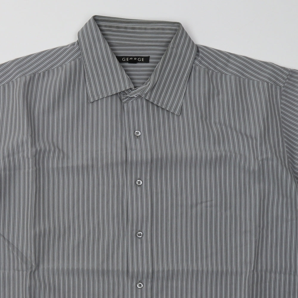 George Mens Grey Striped Polyester  Button-Up Size L Collared Button
