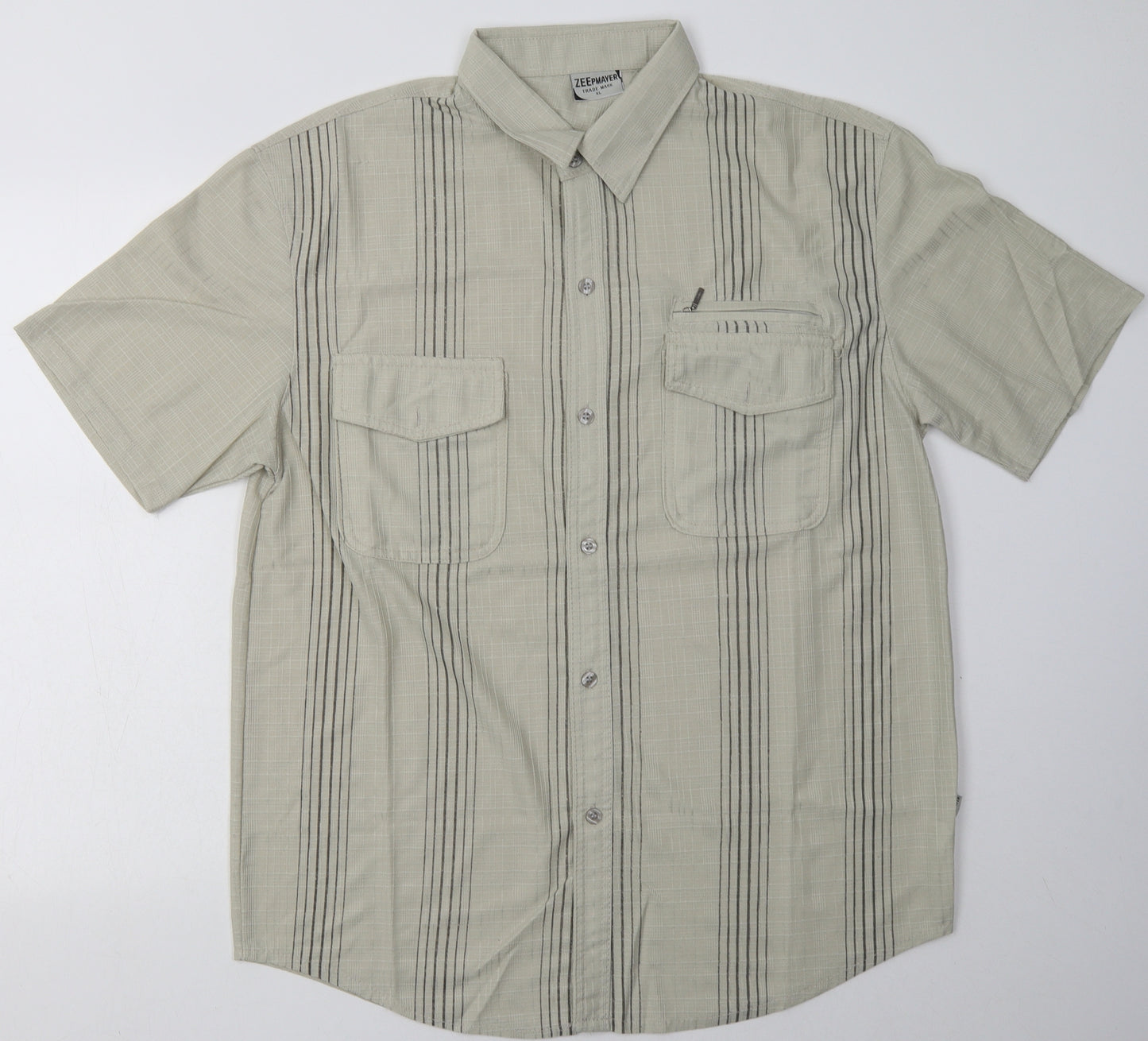 ZEEpmayor Mens Beige Striped Polyester  Button-Up Size XL Collared Button