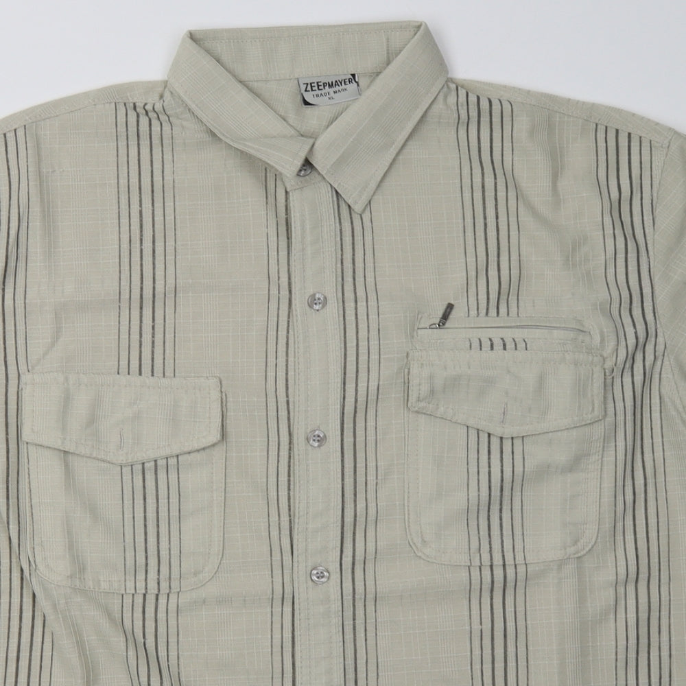 ZEEpmayor Mens Beige Striped Polyester  Button-Up Size XL Collared Button