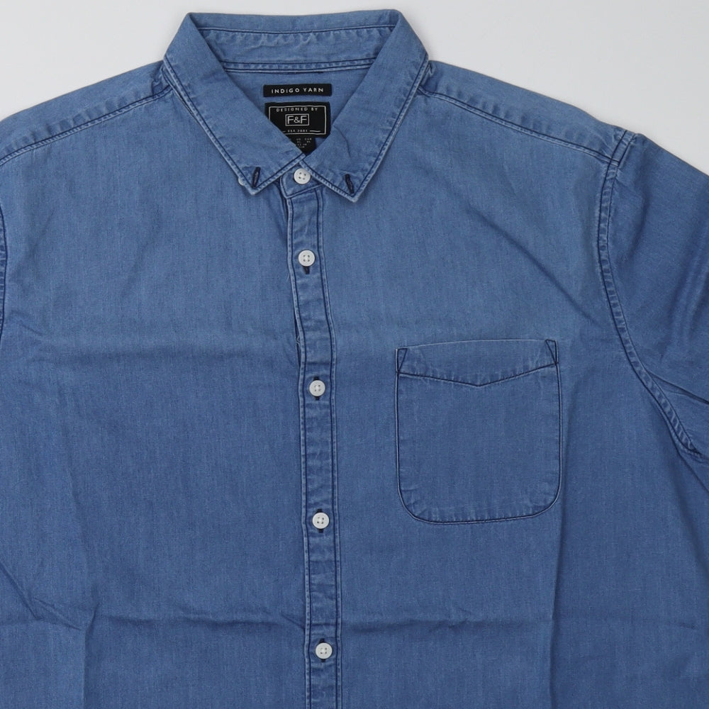 F&F Mens Blue  Cotton  Button-Up Size XL Collared Button