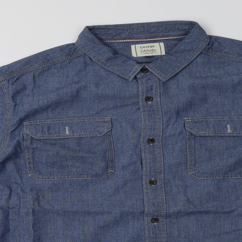 George Mens Blue  Cotton  Button-Up Size XL Collared Button