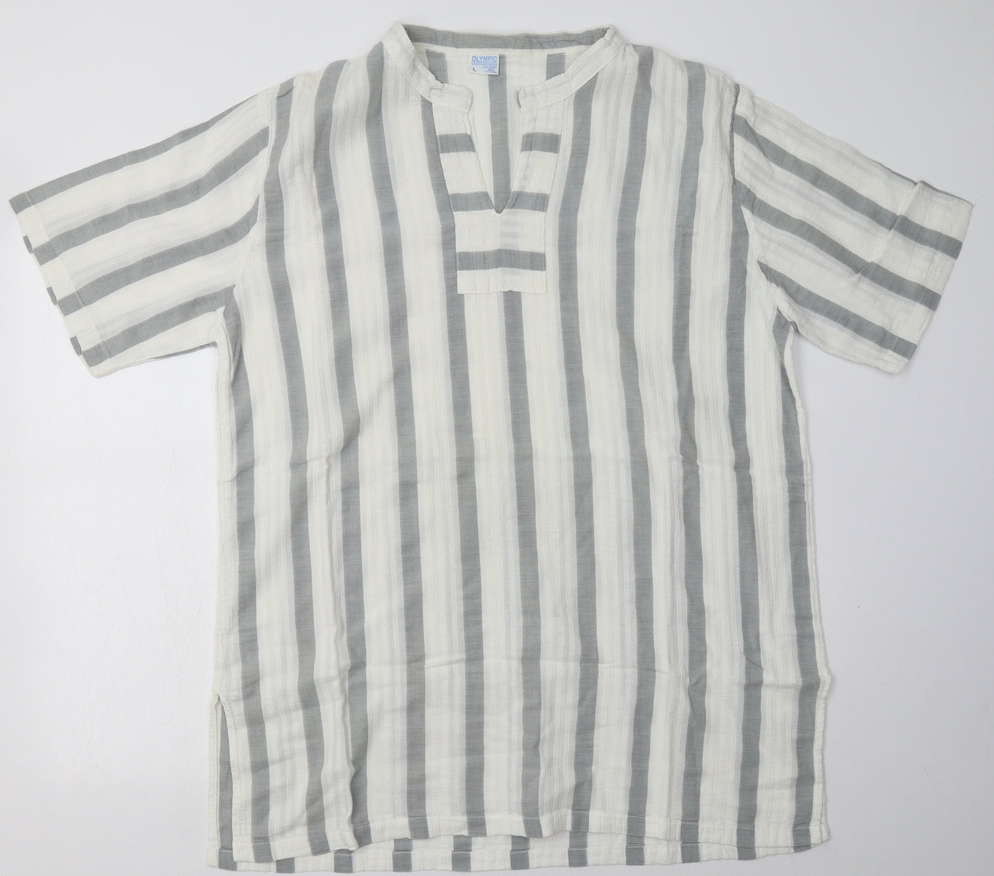 Olympic Mens Grey Striped Cotton  T-Shirt Size L V-Neck