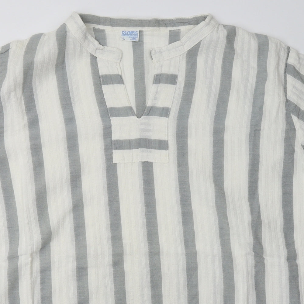 Olympic Mens Grey Striped Cotton  T-Shirt Size L V-Neck