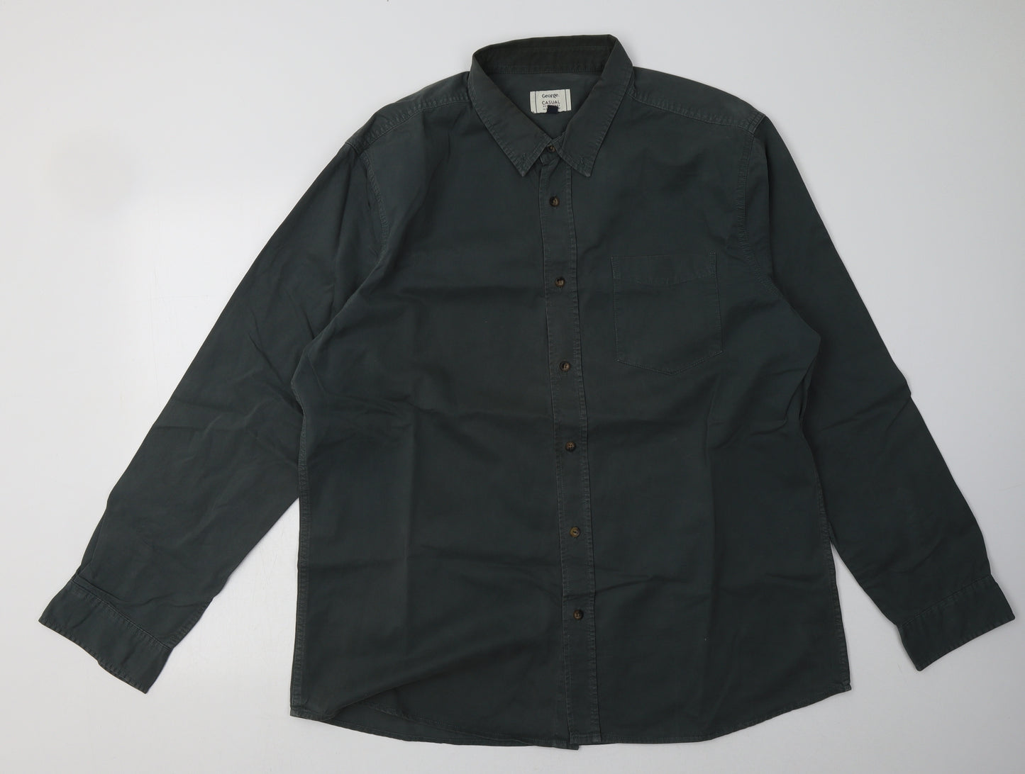 George Mens Green  Cotton  Button-Up Size XL Collared Button