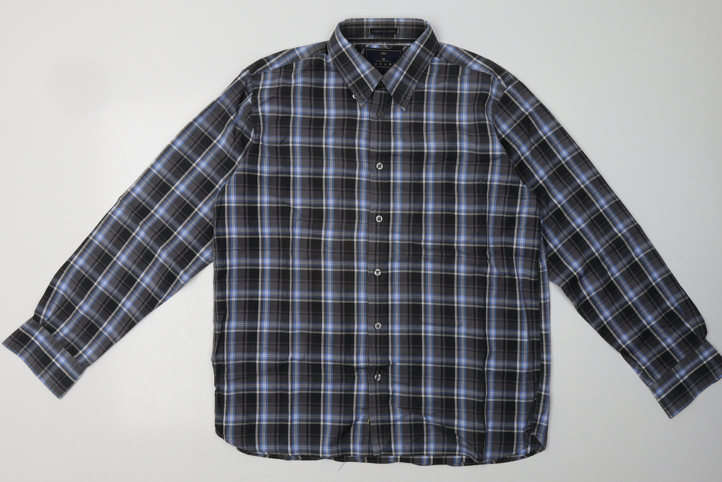 Marks and Spencer Mens Grey Check Cotton  Button-Up Size L Collared Button