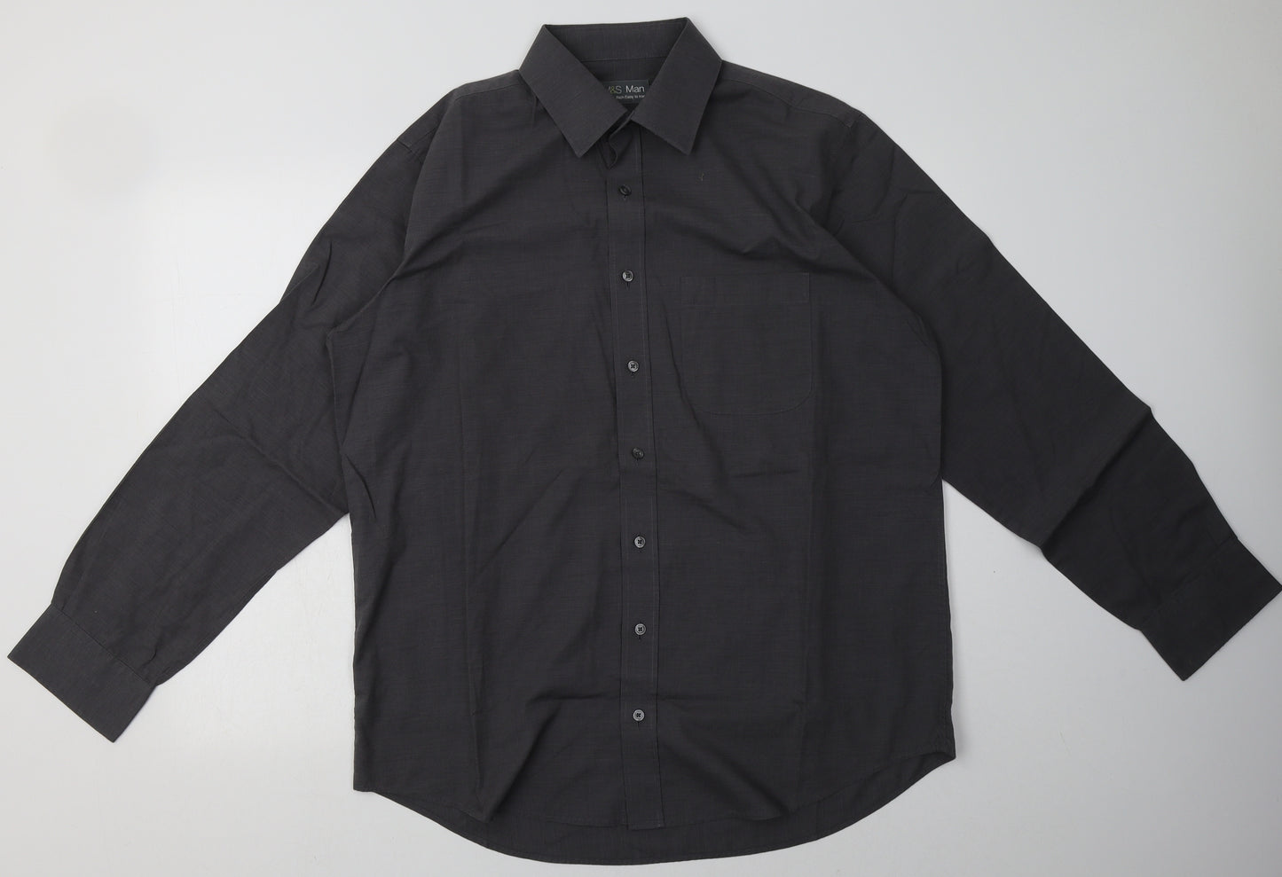 Marks and Spencer Mens Grey  Cotton  Button-Up Size 16.5 Collared Button