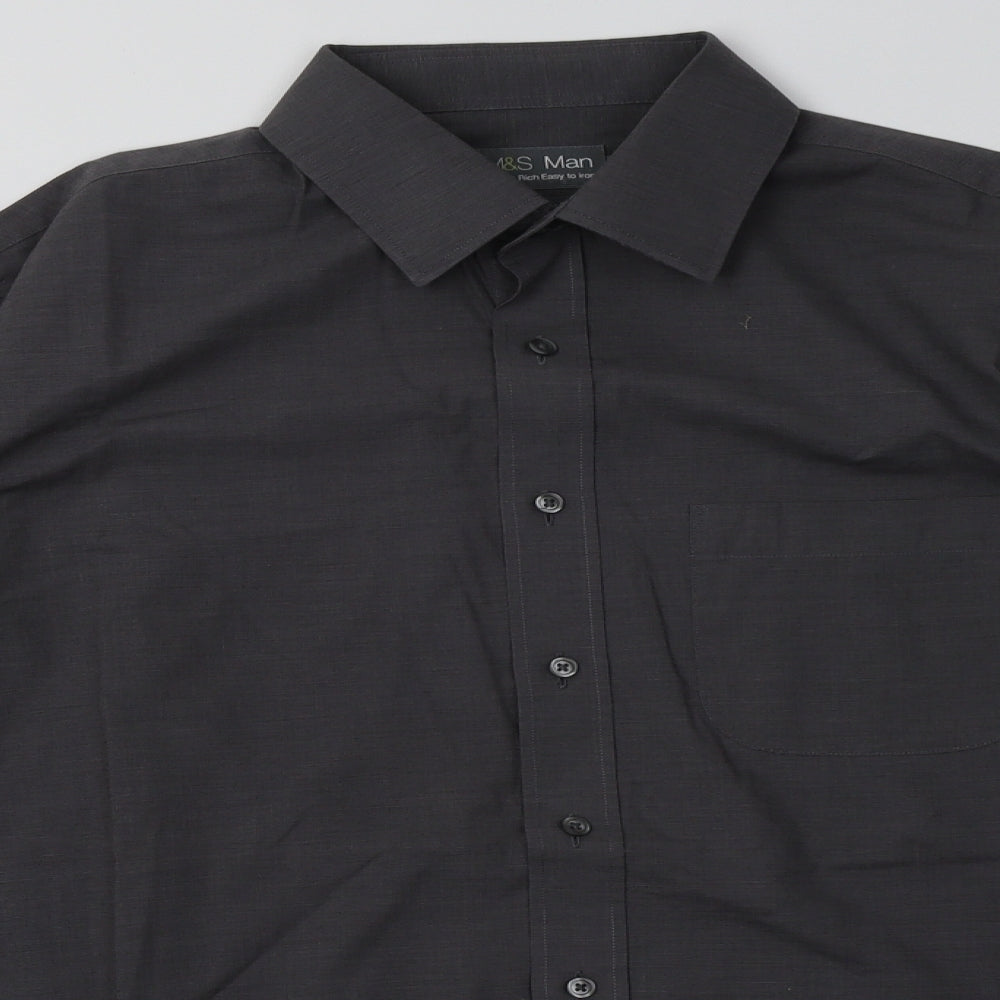 Marks and Spencer Mens Grey  Cotton  Button-Up Size 16.5 Collared Button