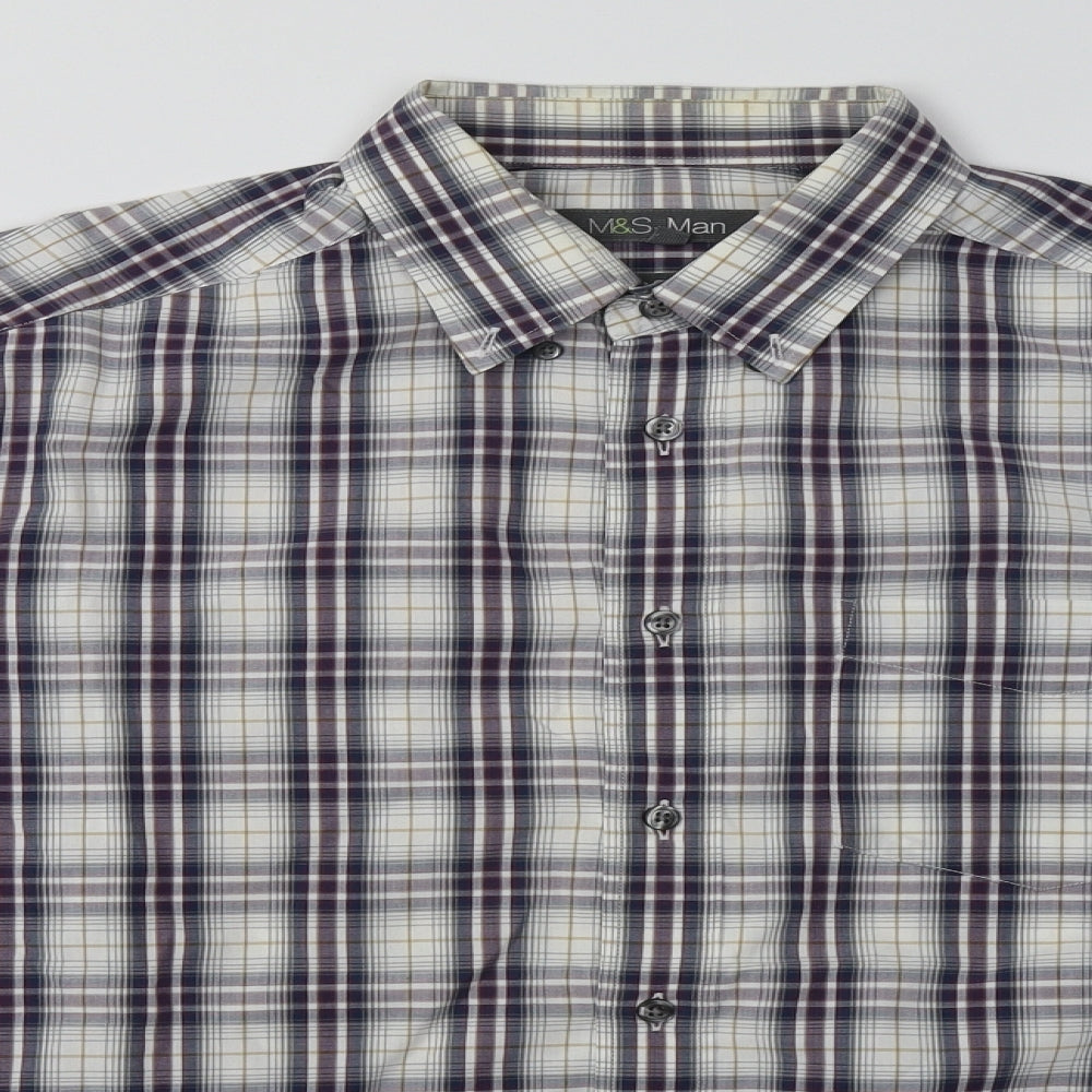 Marks and Spencer Mens White Check Cotton  Button-Up Size L Collared Button