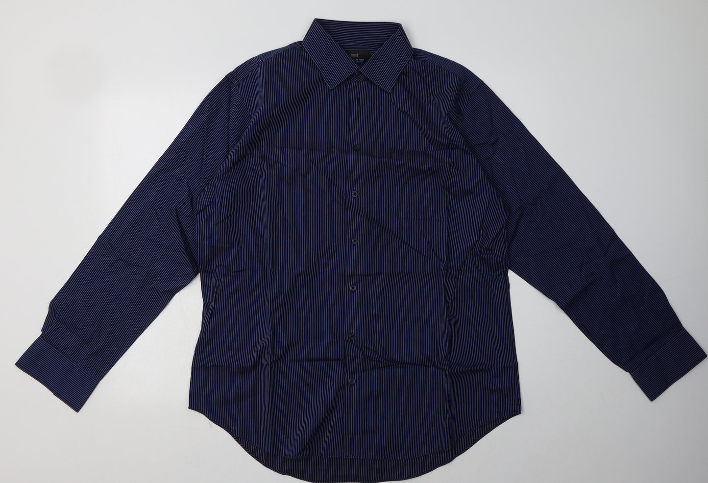 Marks and Spencer Mens Blue Striped Cotton  Button-Up Size 16.5 Collared Button