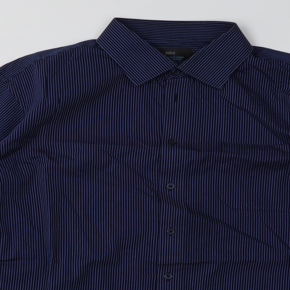 Marks and Spencer Mens Blue Striped Cotton  Button-Up Size 16.5 Collared Button