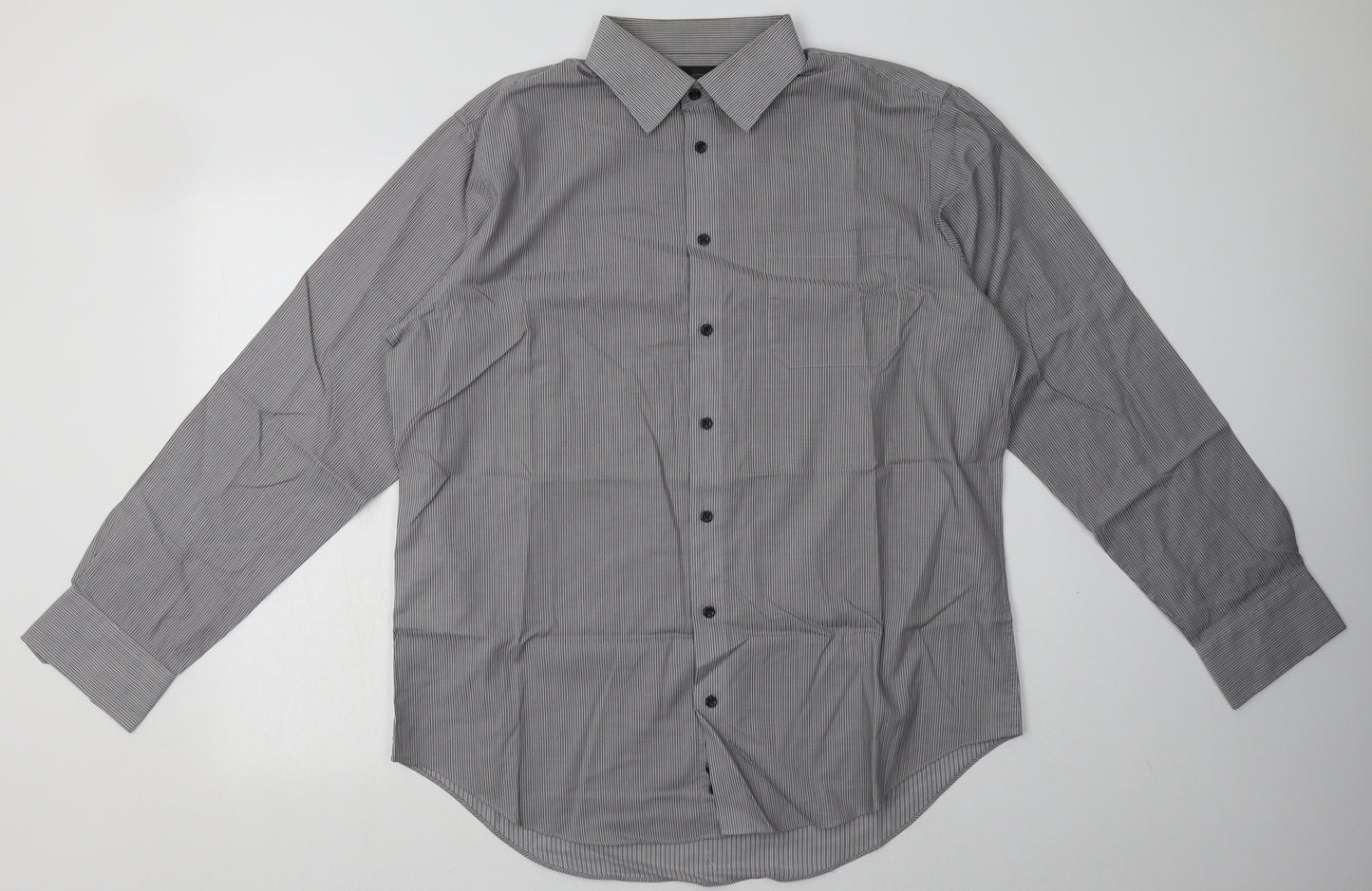 Marks and Spencer Mens Grey Striped Cotton  Button-Up Size 16.5 Collared Button