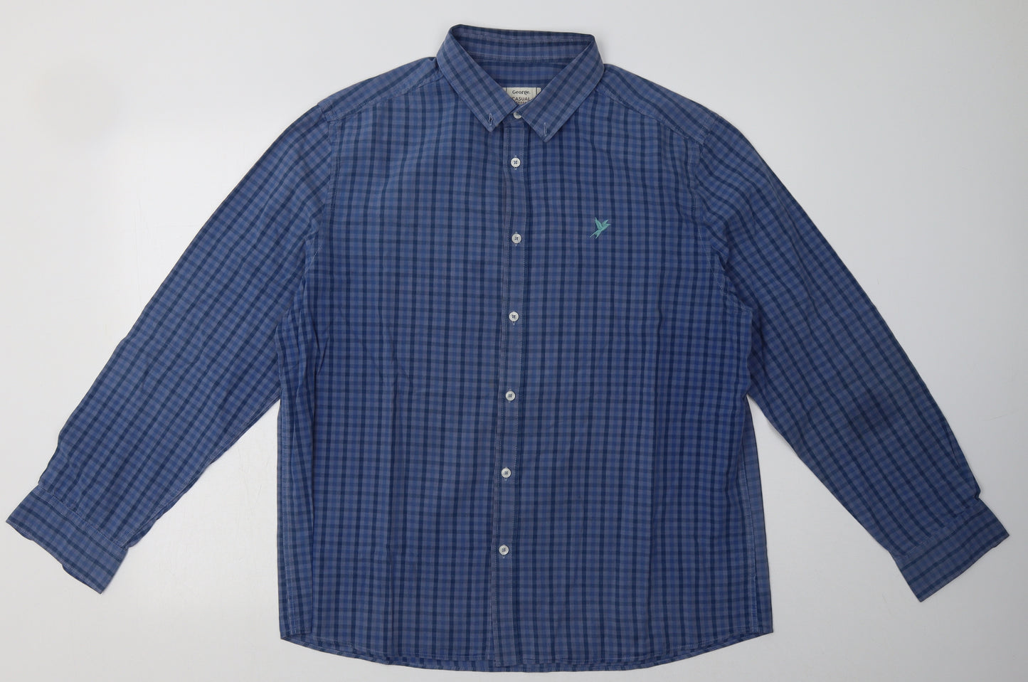 George Mens Blue Check Cotton  Button-Up Size XL Collared Button