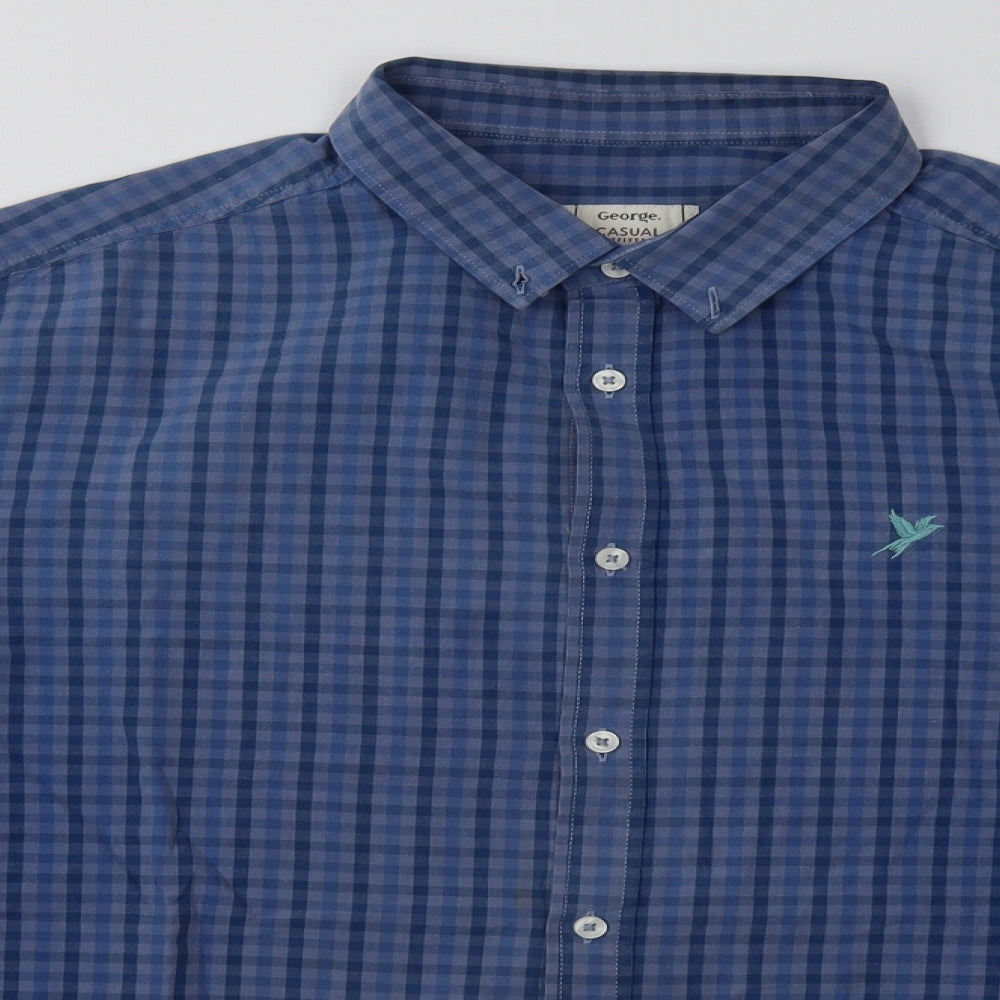 George Mens Blue Check Cotton  Button-Up Size XL Collared Button