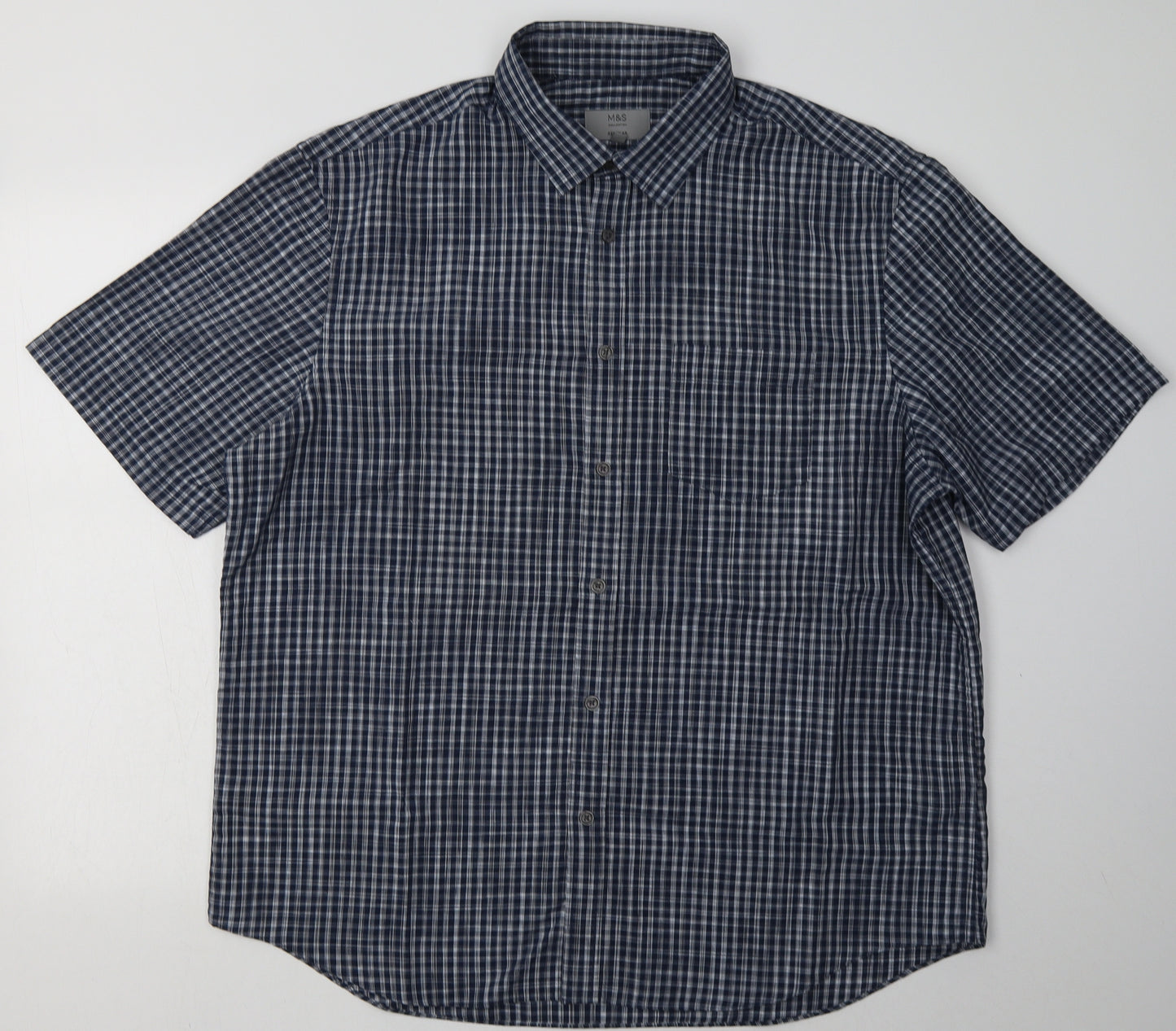 Marks and Spencer Mens Blue Check Modal  Button-Up Size XL Collared Button