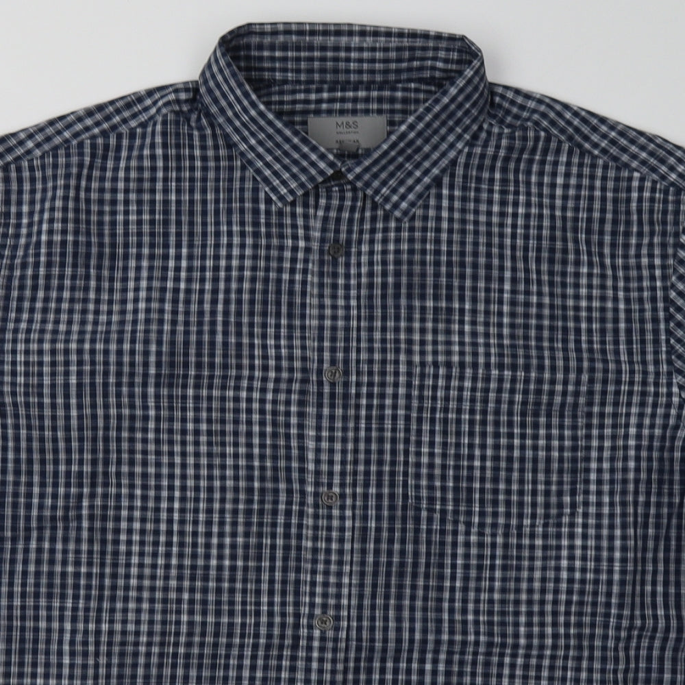 Marks and Spencer Mens Blue Check Modal  Button-Up Size XL Collared Button