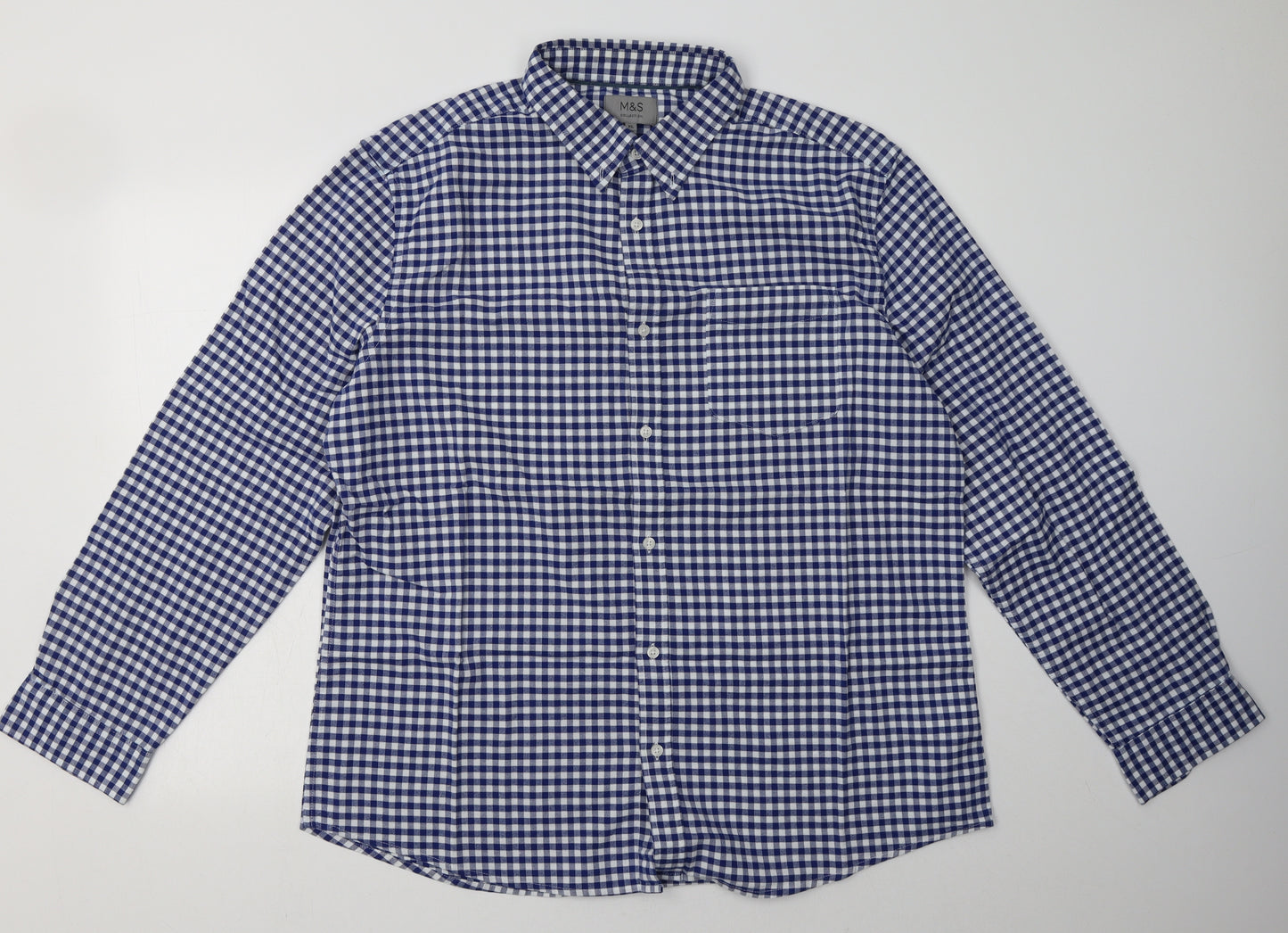 Marks and Spencer Mens Blue Check Cotton  Button-Up Size XL Collared Button