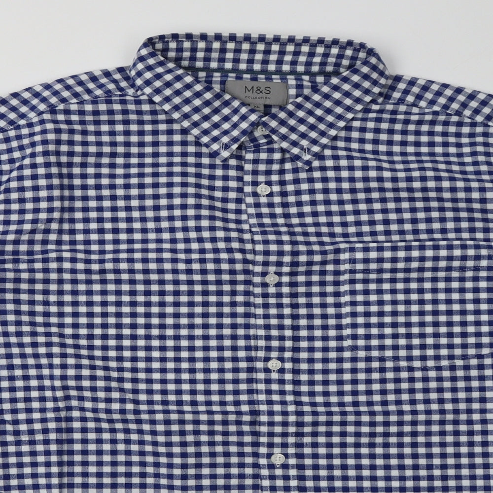 Marks and Spencer Mens Blue Check Cotton  Button-Up Size XL Collared Button