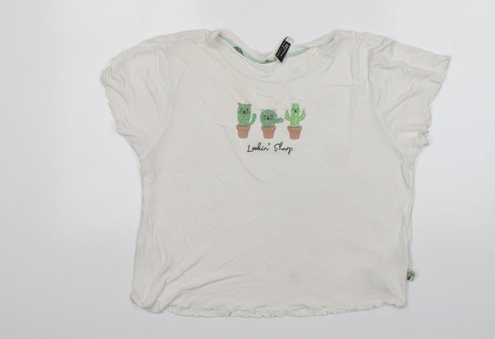 New Look Womens White  Viscose Cropped T-Shirt Size M Round Neck