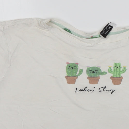 New Look Womens White  Viscose Cropped T-Shirt Size M Round Neck