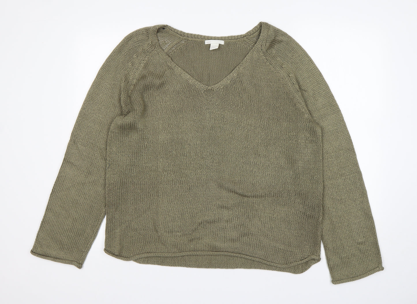 H&M Womens Green V-Neck  Acrylic Pullover Jumper Size L