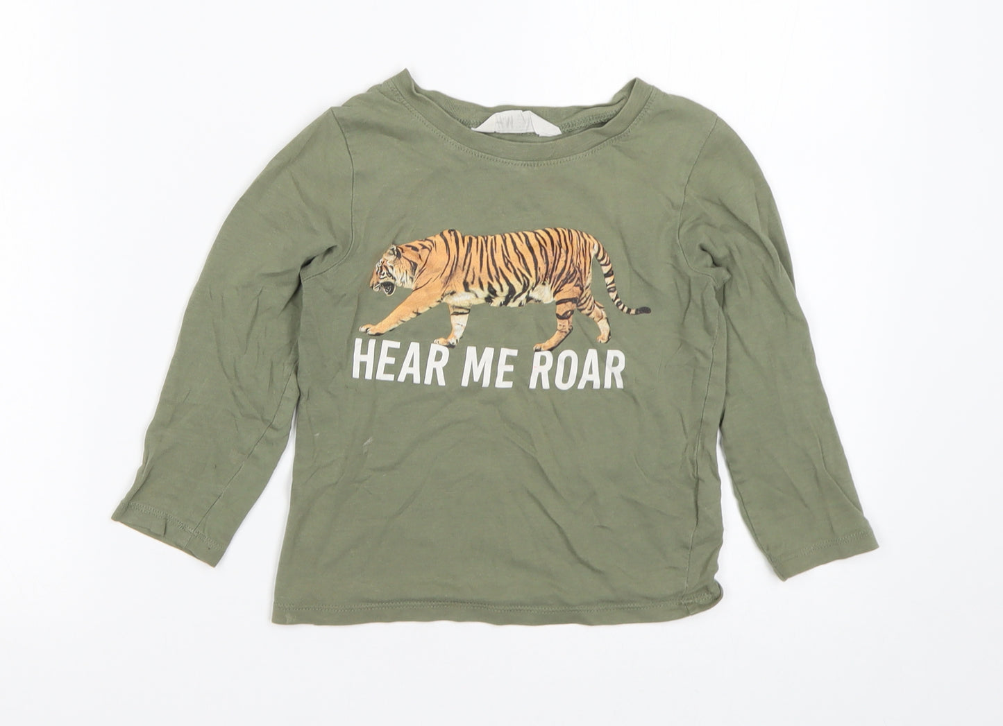 H&M Boys Green Animal Print Cotton Basic T-Shirt Size 3-4 Years Round Neck