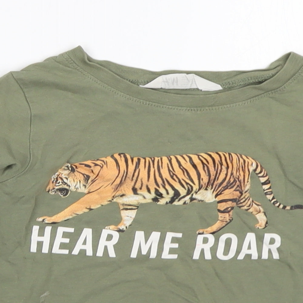 H&M Boys Green Animal Print Cotton Basic T-Shirt Size 3-4 Years Round Neck