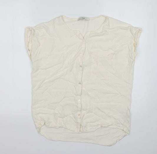 Front view of Next women’s ivory viscose basic button-up, size UK 10, v-neck