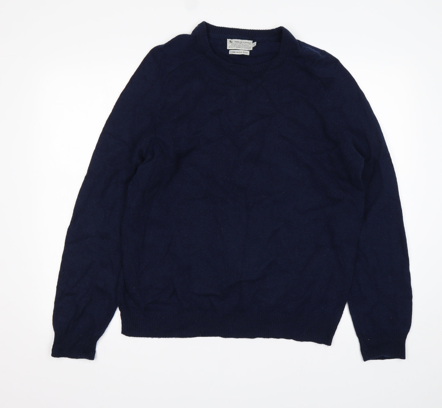 TU Mens Blue Round Neck  Wool Pullover Jumper Size L