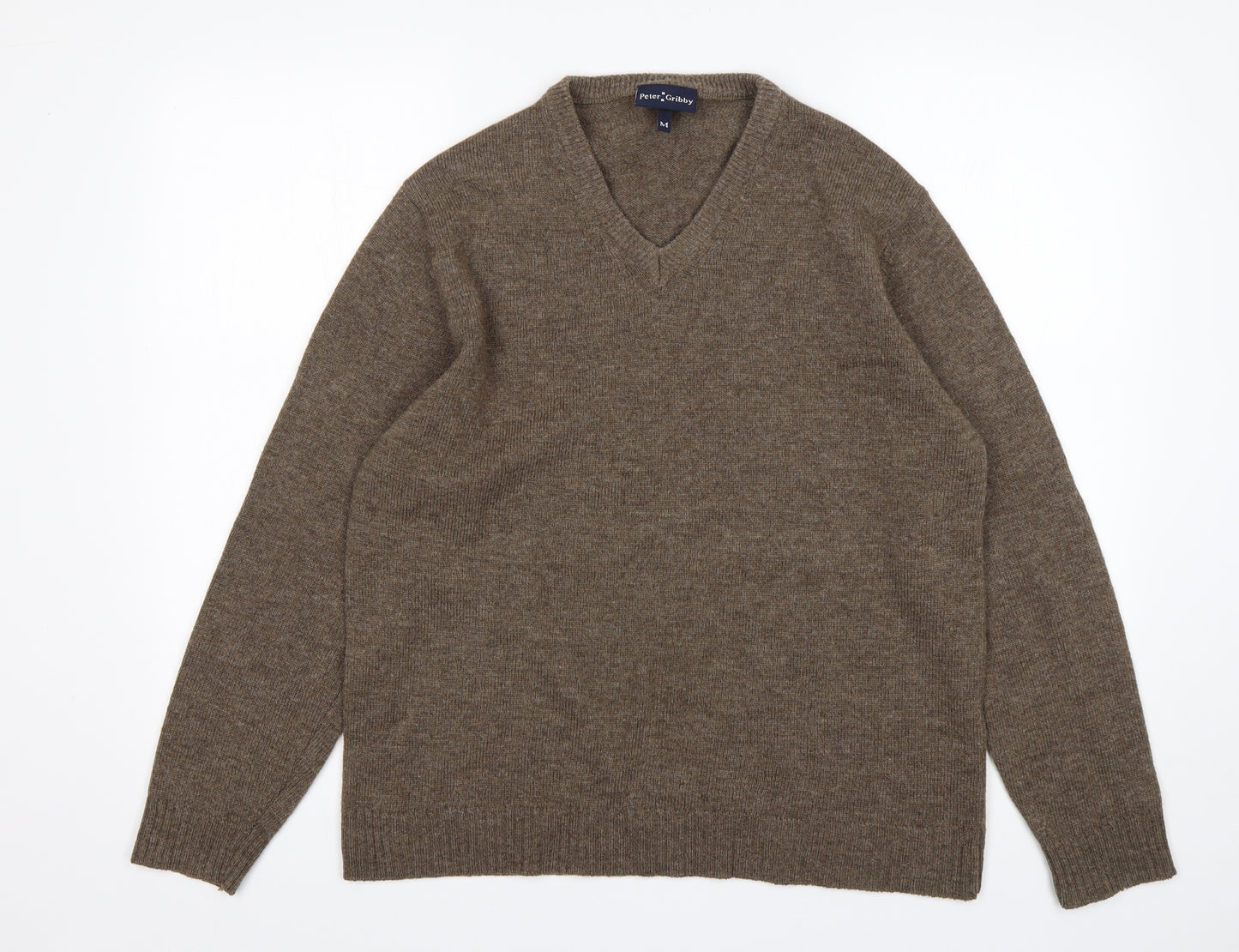 Peter Gribby Mens Brown V-Neck  Wool Pullover Jumper Size M