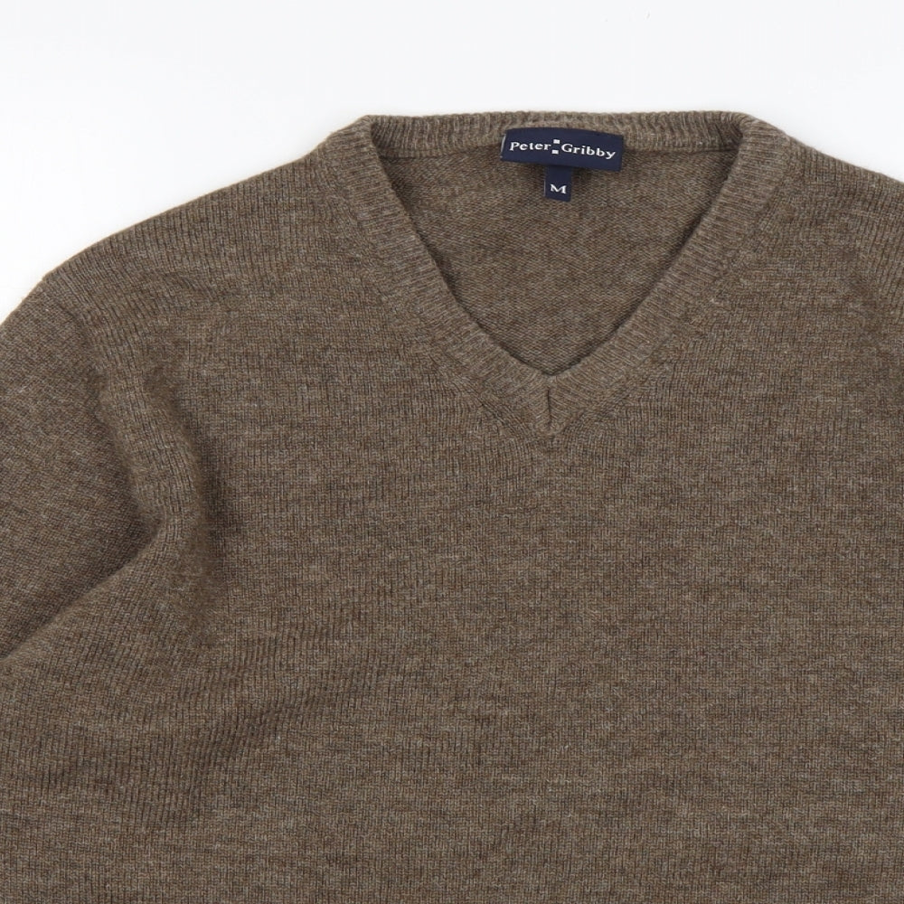 Peter Gribby Mens Brown V-Neck  Wool Pullover Jumper Size M