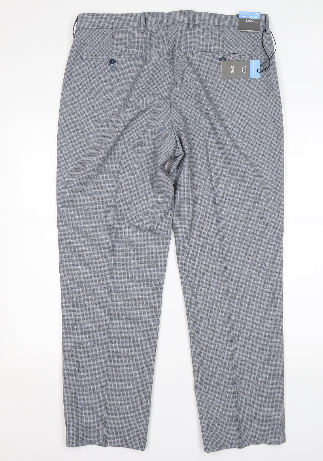 M&S Mens Grey Check Polyester Trousers  Size 36 L29 in Regular
