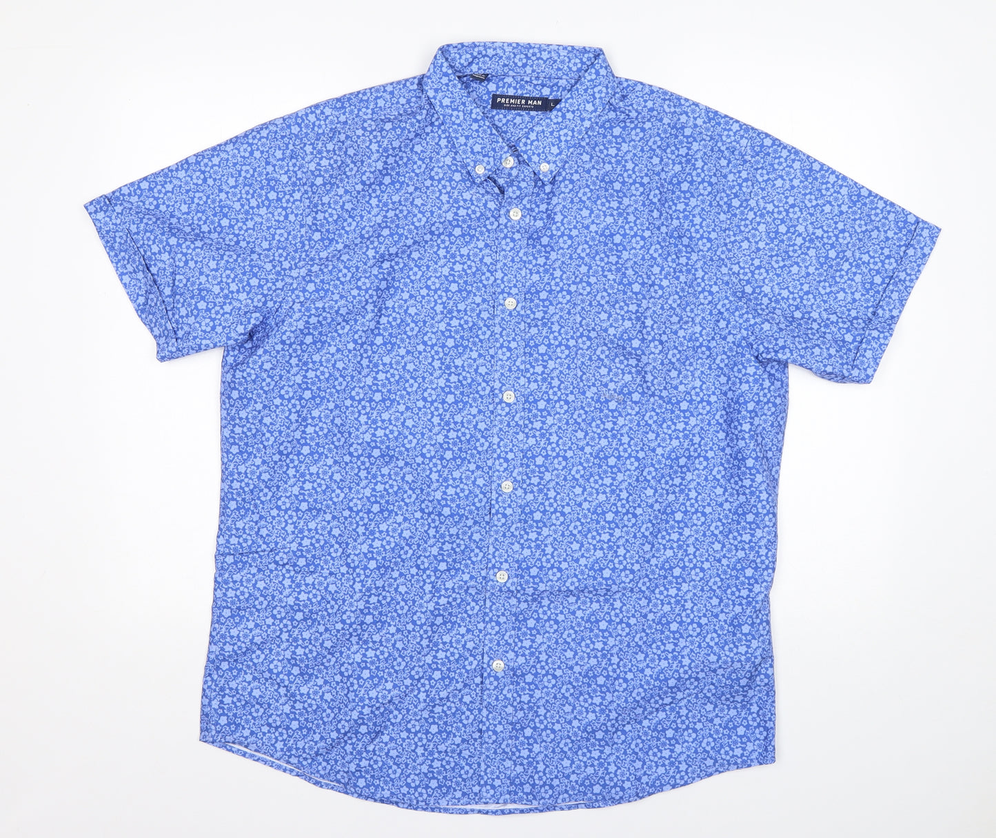 Premier Man Mens Blue Floral Polyester  Button-Up Size L Collared
