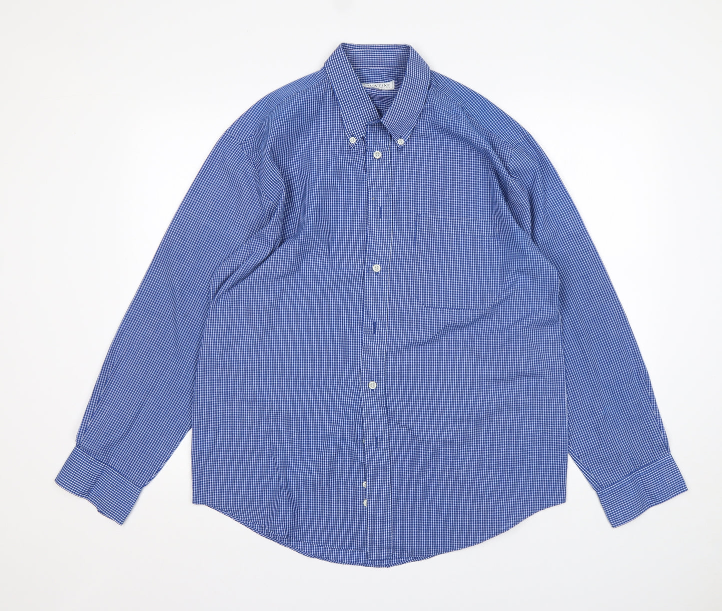 Savatini Mens Blue Check Polyester  Dress Shirt Size 16 Collared