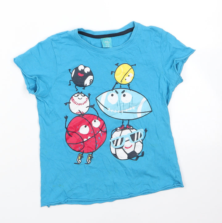Little Kids Boys Blue 100% Cotton Basic T-Shirt Size 6-7 Years Round Neck